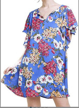 Umgee USA Small Blue Floral Split V-Neck Ruffle Short Sleeve Dress Lined Shift - £5.31 GBP