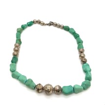 Vtg Handmade Bead Chunky Natural Green Turquoise Silver Ball Hook Necklace sz 14 - £88.85 GBP