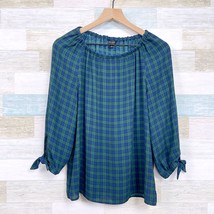 Talbots Blackwatch Plaid Blouse Blue Green Plaid Tie Sleeves Office Womens Small - £18.78 GBP