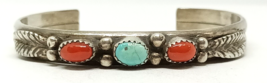 Alice Long Native American Turquoise &amp; Coral Sterling Silver Cuff Signed 24.2g - £195.56 GBP