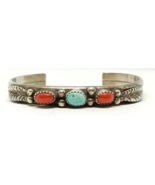 Alice Long Native American Turquoise &amp; Coral Sterling Silver Cuff Signed... - £196.59 GBP