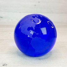 Cobalt Blue Art Glass Etched Topography World Globe 4&quot; Paperweight 3lb - $48.49