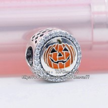 100% 925 Sterling Silver Halloween Pumpkin Charm With Enamel &amp; Clear CZ  - £14.22 GBP