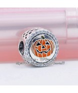 100% 925 Sterling Silver Halloween Pumpkin Charm With Enamel &amp; Clear CZ  - £14.00 GBP