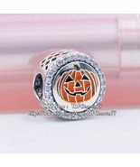 100% 925 Sterling Silver Halloween Pumpkin Charm With Enamel &amp; Clear CZ  - $17.80