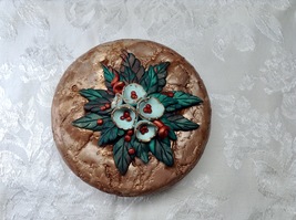 Round Tin Box Blue Flowers Green and Copper Leaves Handmade Polymer Clay... - $19.99