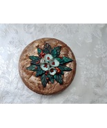 Round Tin Box Blue Flowers Green and Copper Leaves Handmade Polymer Clay OOAK - $19.99