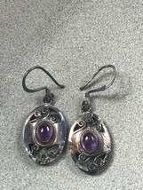 Estate 925 Marked Silver Oval w Curlicue Cut-outs &amp; Amethyst Stone Dangle Earrin - £14.82 GBP