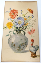 Chicken Rooster Floral Vase Art Print 1940s Colorful Vertical Signed - $18.95