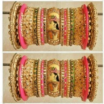 Indian Style Kundan Chura Bridal Polki Gold Rajwadi Wedding Dulhan Bangle Set - £220.45 GBP