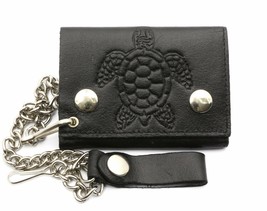Trifold Black Leather Biker Chain Wallet Embossed Sea Turtle Design - £14.23 GBP