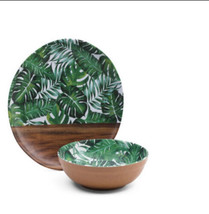 Tommy Bahama 8 Pc Set Plate & Bowls Melamine Tropical Leaves Green Wood Look - $64.98