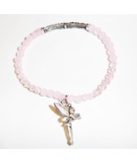 Quarzite Round &amp; Glass Beads Stretch Bracelet, Pink, Silvertone Fairy Charm - $0.00