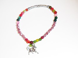 Agate Round &amp; Glass Beads Stretch Bracelet, Multi-Color, Silvertone Horse Charm - £0.00 GBP