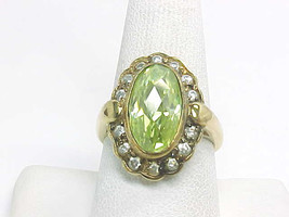 Apple Green Cubic Zirconia Vintage Ring In 14 K Gold On Sterling Silver   Size 9 - £67.94 GBP
