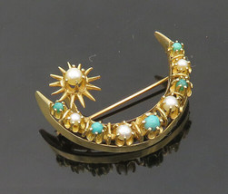 14K GOLD - Vintage Petite Pearls &amp; Turquoise Moon &amp; Star Brooch Pin - GB039 - £457.85 GBP