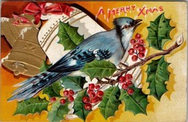Merry Xmas Blue Bird Golden Bells Colorful 1910 Postcard V4 - £3.95 GBP