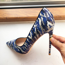 Tikicup Blue Women Patent Printed Pointy Toe High Heels 8cm 10cm 12cm Customize  - £59.32 GBP