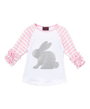 NEW Baby Girls Silver Easter Bunny Pink Ruffle Sleeve Shirt 6-12 Months - $7.99