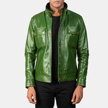 Men&#39;s Leather Jacket Genuine Lambskin Distressed Green Biker Leather Jacket - £140.58 GBP