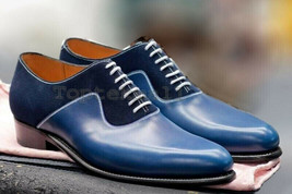 Handmade Men&#39;s Leather Oxford Two Tone Suede Blue Dress Office Dress Shoes-225 - £151.08 GBP