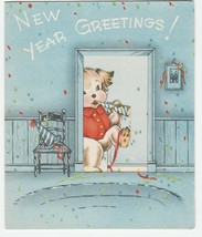 Vintage New Year Card Dogs Celebrate Die-Cut Door 1940&#39;s A.C. Weltone Unused - £7.89 GBP