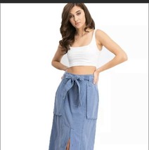 Size 2 FREE PEOPLE Catching Feelings Chambray Denim Blue Tie Midi Skirt ... - $20.00