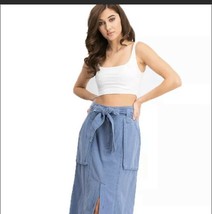 Size 2 FREE PEOPLE Catching Feelings Chambray Denim Blue Tie Midi Skirt ... - £15.73 GBP