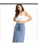 Size 2 FREE PEOPLE Catching Feelings Chambray Denim Blue Tie Midi Skirt ... - $27.41 CAD