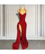 Sexy High Slit Halter Sleeveless Sparkly Red Sequined Long Prom Dresses ... - £145.17 GBP