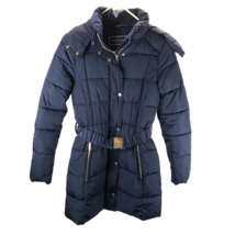 Tommy Hilfiger Womens Navy Puffer Coat Sz XS Mid Length Hood Warm Winter Parka - £23.23 GBP
