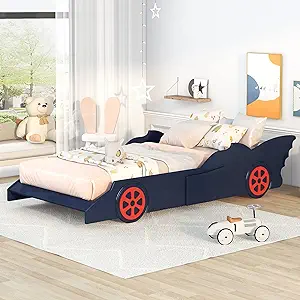 Merax Twin Size Race Car-Shaped Platform Bed with Wheels, Wood Car Bed F... - $407.99