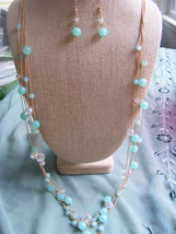 Multistrand Teal Blue &amp; Crystal Bead Gold Chain Necklace With  Matching Earrings - £17.17 GBP