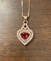 Sterling Silver Plated Rose Gold Tone Heart Pendant Necklace CZ Red Stone - £11.39 GBP