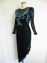 Vintage A. J. Bari Beaded Sequin Silk Dress XS 2 Black Blue Asymmetrical Cutout - £71.10 GBP