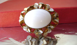 Vintage Brooch Milk Glass Enamel Gold Tone Signed Continental 1960s - £18.38 GBP