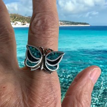 Vintage Navajo Butterfly Ring Size 5.25 Silver Onyx Turquoise Chip Mosai... - $37.40