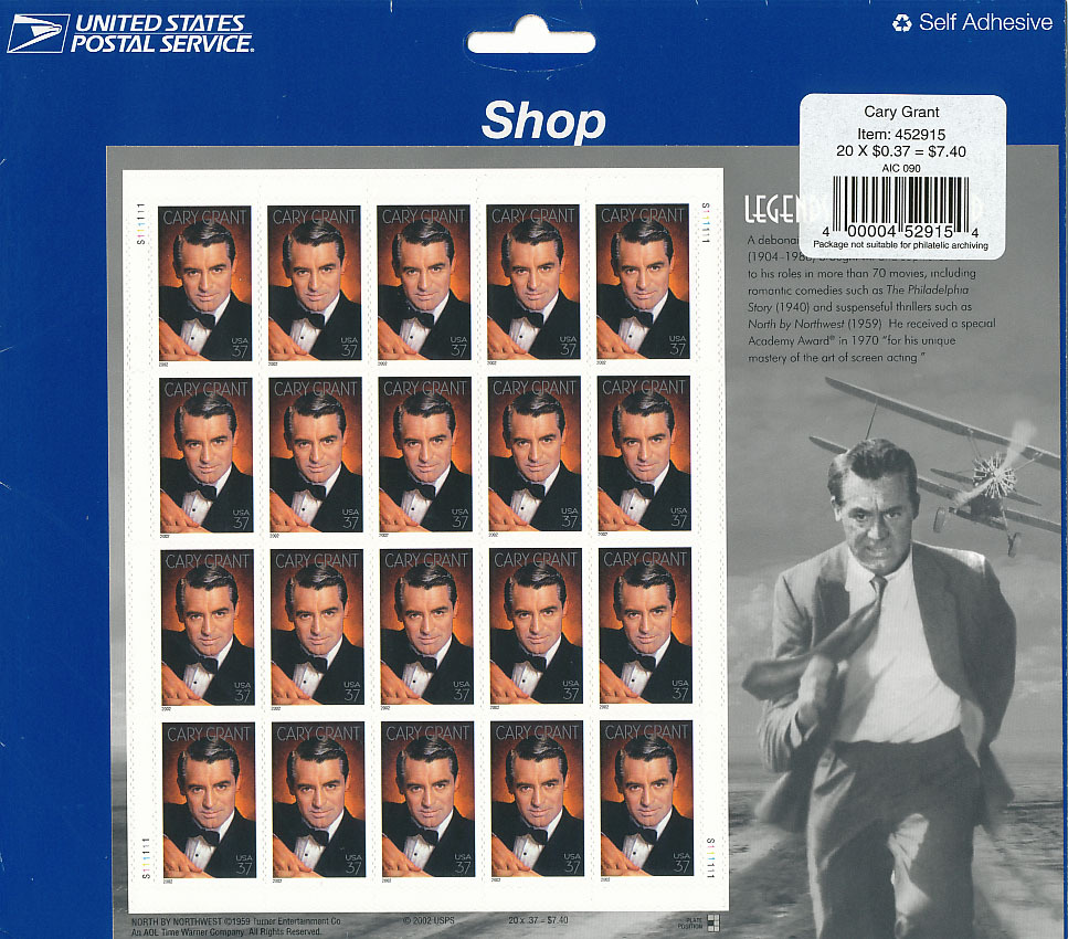 2002 Legends of Hollywood Cary Grant $.37 Cent Sheet of 20 Stamps  - £10.22 GBP