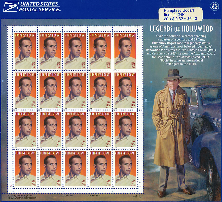 1997 Legends of Hollywood Humphrey Bogart $.32 Cent Sheet of 20 Stamps  - £10.22 GBP