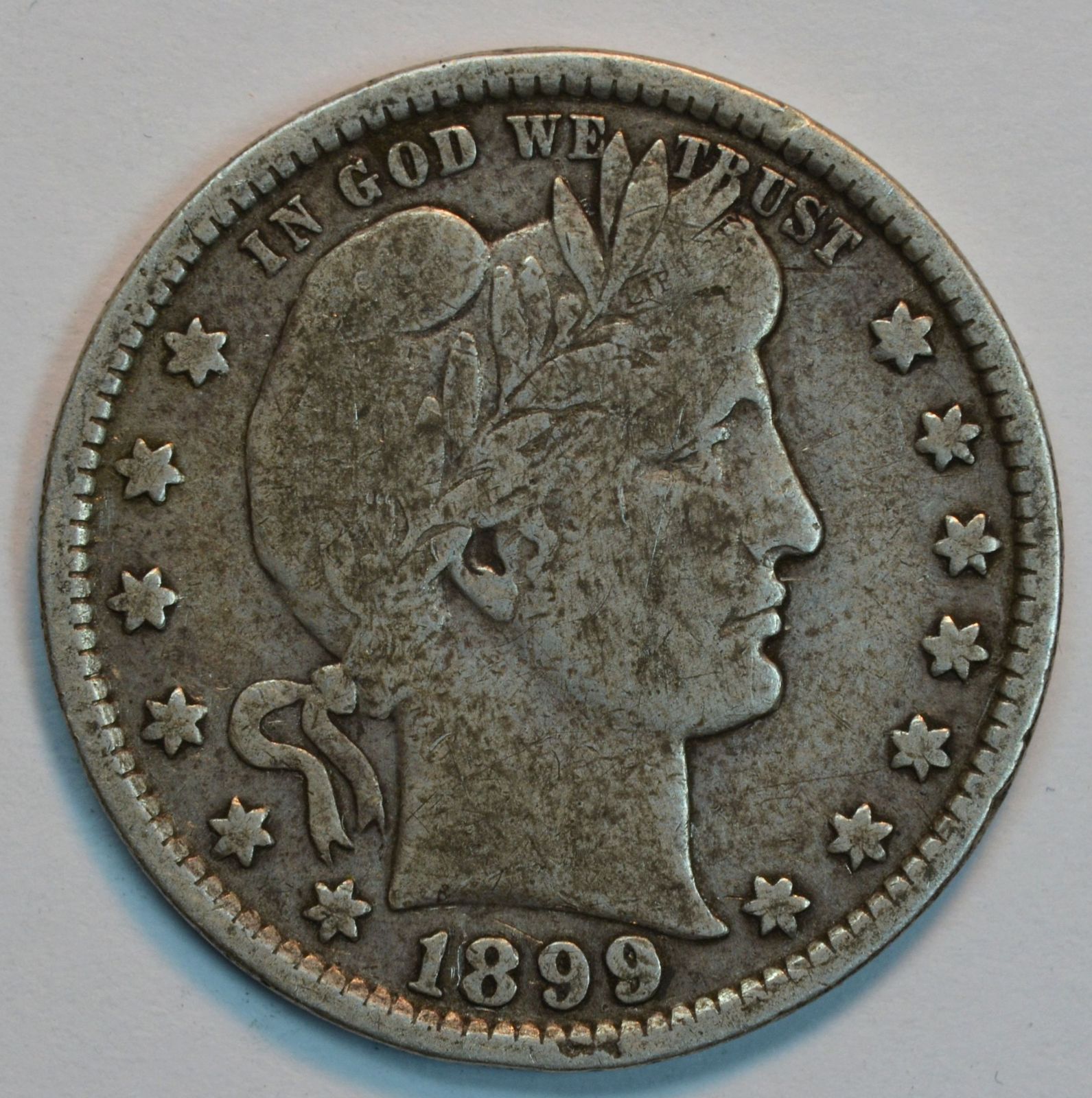 Primary image for 1899 P Barber circulated silver quarter VG details