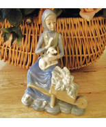 Porcelain Lady holding Lamb with Wheelbarrow and Flowers Figurine Statue - £43.83 GBP