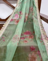 Green Printed Organza Dupatta For Women &amp; Embroidered Border, shawl Fabric D1032 - £27.52 GBP