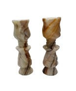 Hand Carved Quartz Candle Holders Matching Candlestick Pair Marble Stone - $32.26 CAD
