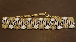 Floral Rhinestone Collar CHOKER Textured Gold Plated Adjustable Neck 1.5... - £15.60 GBP