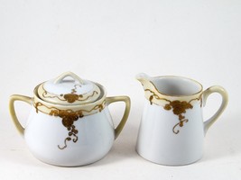 Nippon China Cream &amp; Sugar Set With Lid White Gold Trim Hand Painted Vtg... - £9.41 GBP