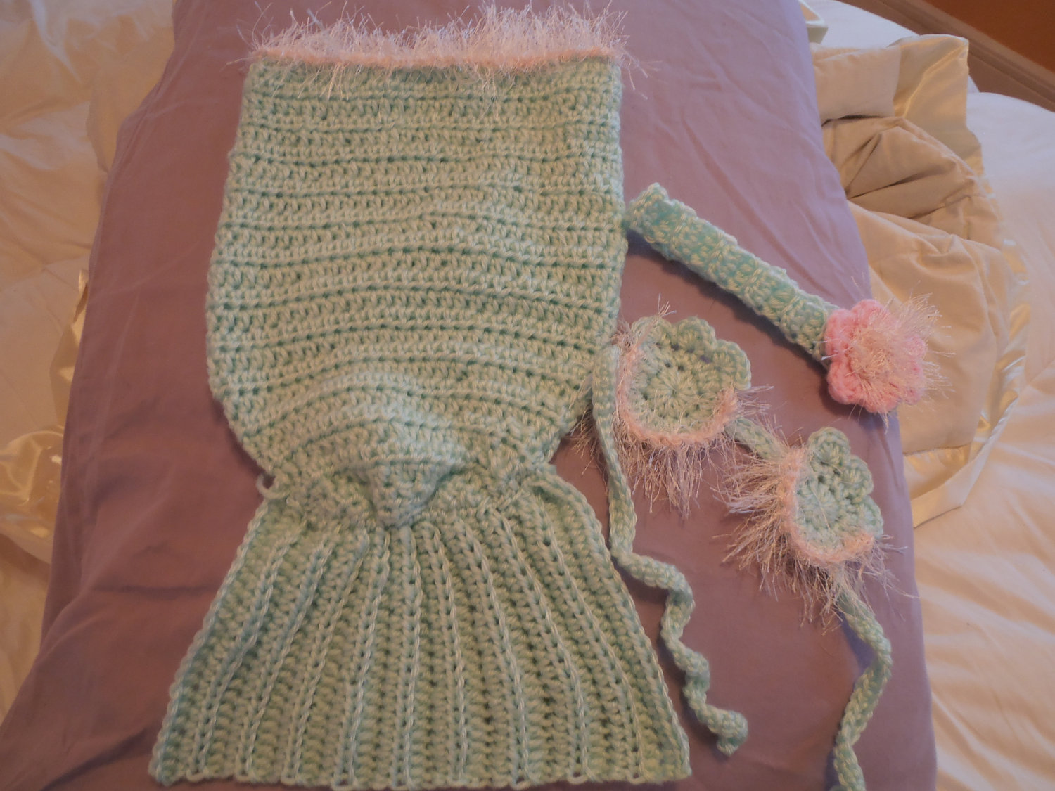 Mermaid baby cocoon, shell bra, headband size 0-6mth   any color