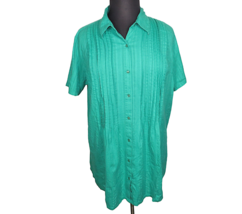 Woman Within Green Pintuck Cotton Textured Fabric Short Sleeve Button Up Top 1X - £16.36 GBP