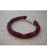 Beaded Bangle Bracelet, Cranberry &amp; Silver; Tubular Spiral Herringbone &amp;... - £28.01 GBP