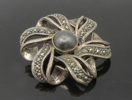 JUDITH JACK 925 Silver - Vintage Pearl &amp; Marcasite Floral Brooch Pin - BP5775 - £76.53 GBP