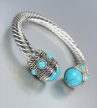 CLASSIC Designer Silver Cable Turquoise Stone End Tips Cuff Bracelet - £23.83 GBP